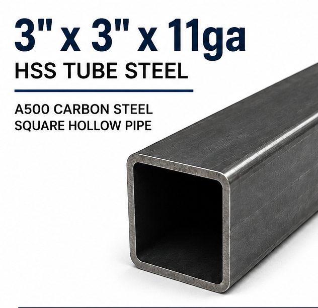 HSS tube steel with dimensions 3” by 3” by 1/8” on a white background
