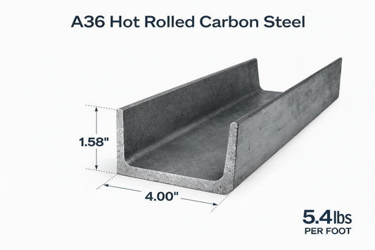 Hot rolled carbon steel C4 x 5.4 with dimensions and weight per foot on a white background