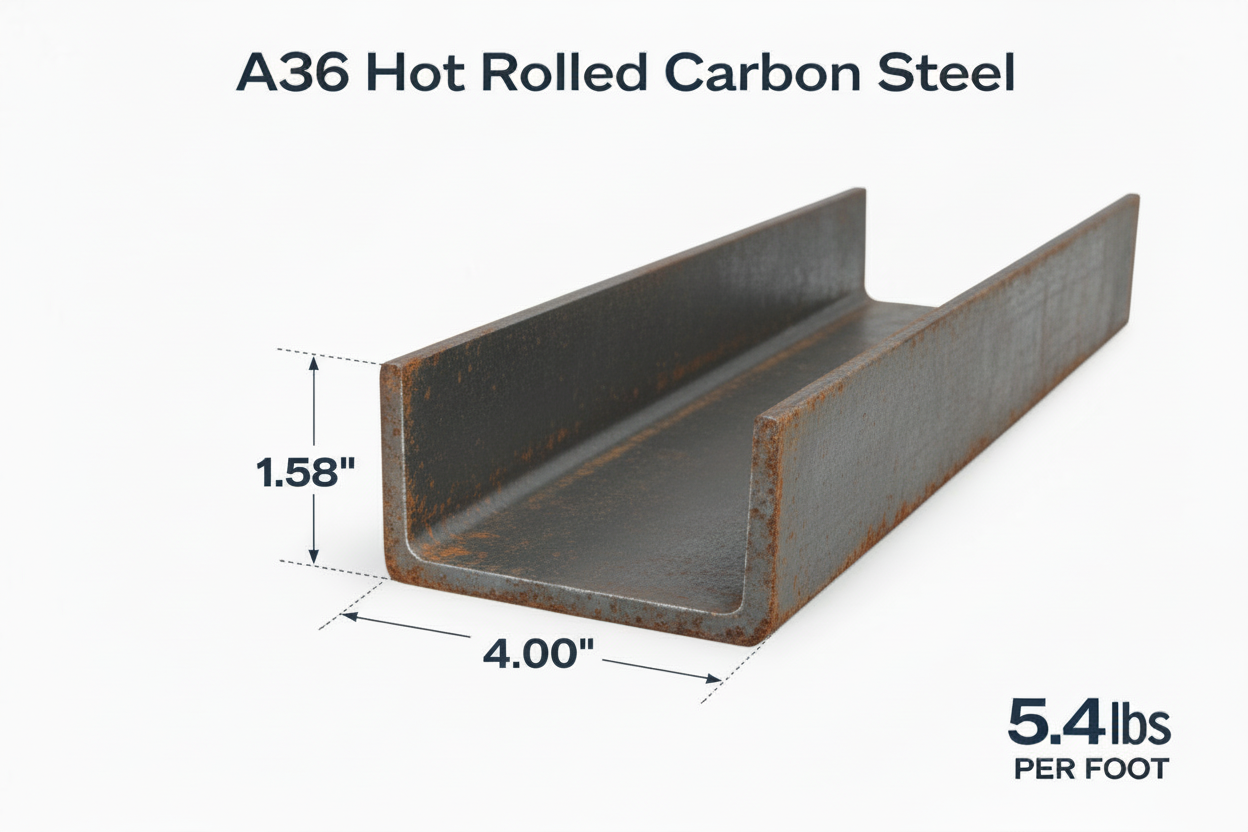 4” x 5.4# Steel Channel A36 Hot Rolled Bare Carbon Steel C-Bar Structural Metal C-Channel 4”Depth 5.4 lbs/ft