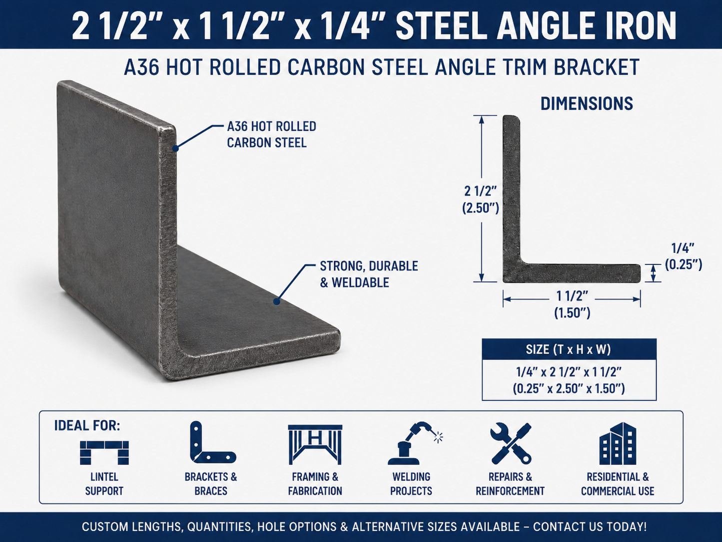 2 1/2” x 1 1/2” x 1/4” Steel Angle Iron A36 Hot Rolled Carbon Steel Angle Trim Bracket 1.5” x 2.5” x 0.25” Metal Lintel Brace