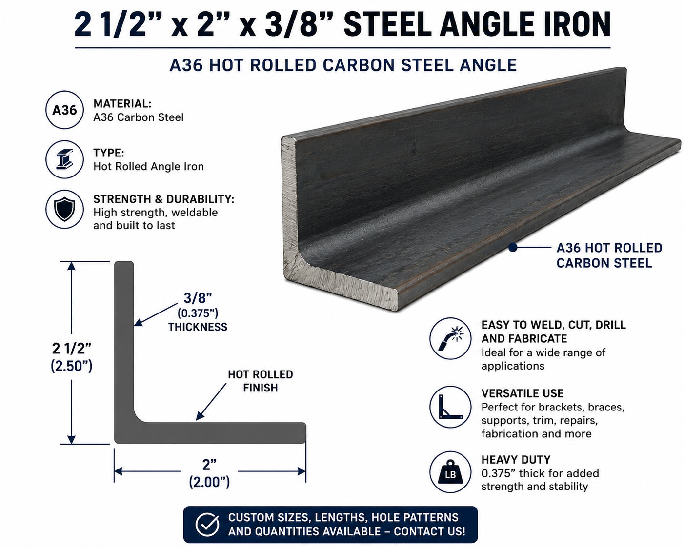 2 1/2” x 2” x 3/8” Steel Angle Iron A36 Hot Rolled Carbon Steel Angle Trim Bracket 2.5” x 2” x 0.375” Metal Lintel Brace
