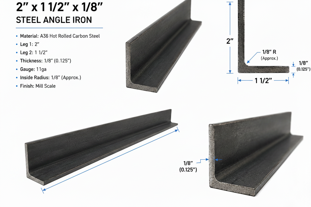 2” x 1 1/2” x 1/8” Steel Angle Iron A36 Hot Rolled Carbon Steel 2” x 1.5” x 0.125” Angle Bracket 11ga Metal Trim Brace