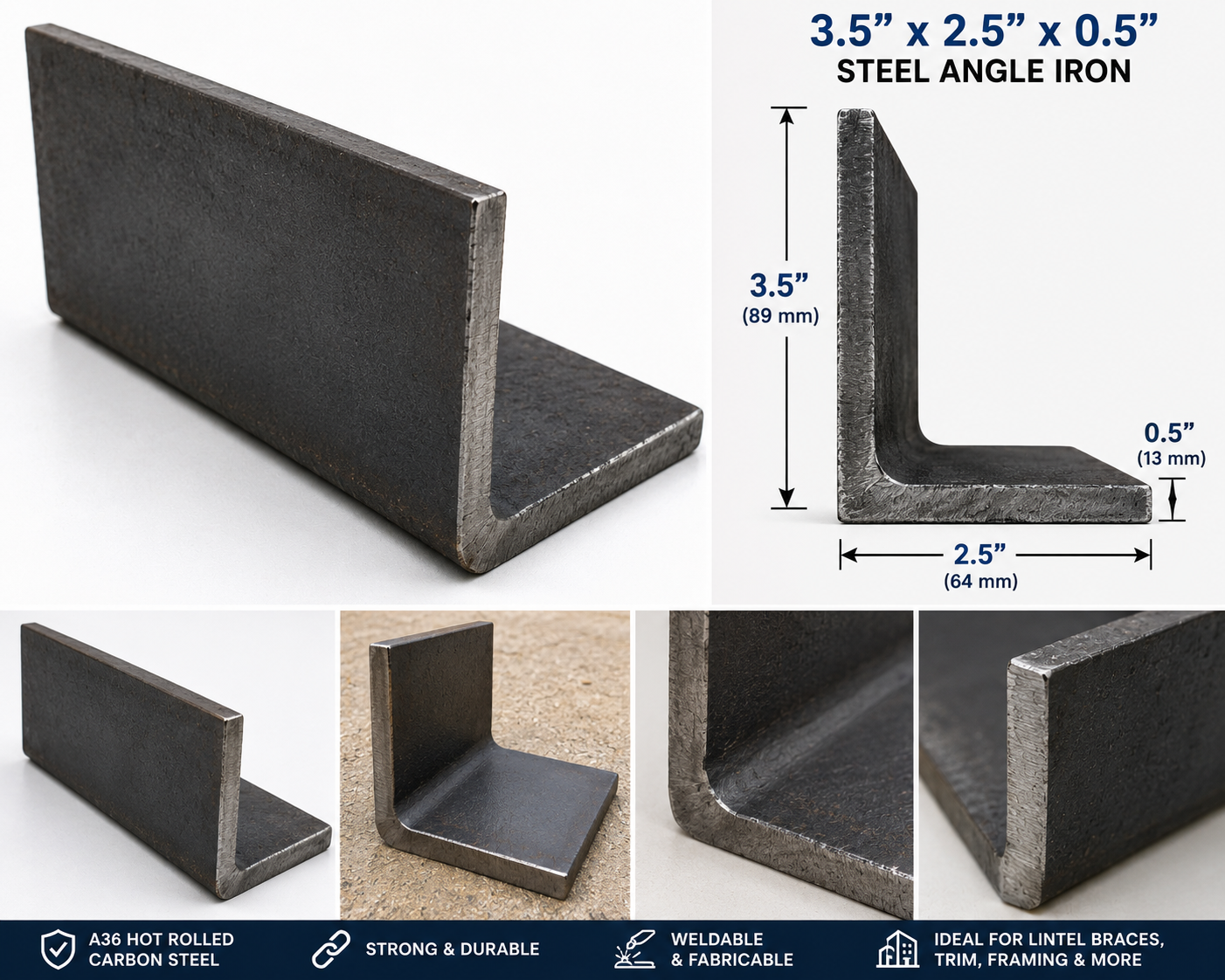 3.5” x 2.5” x 0.5” Steel Angle Iron A36 Hot Rolled Carbon Steel Angle Bracket Trim 3 1/2” x 2 1/2” x 1/2” Metal Lintel Brace