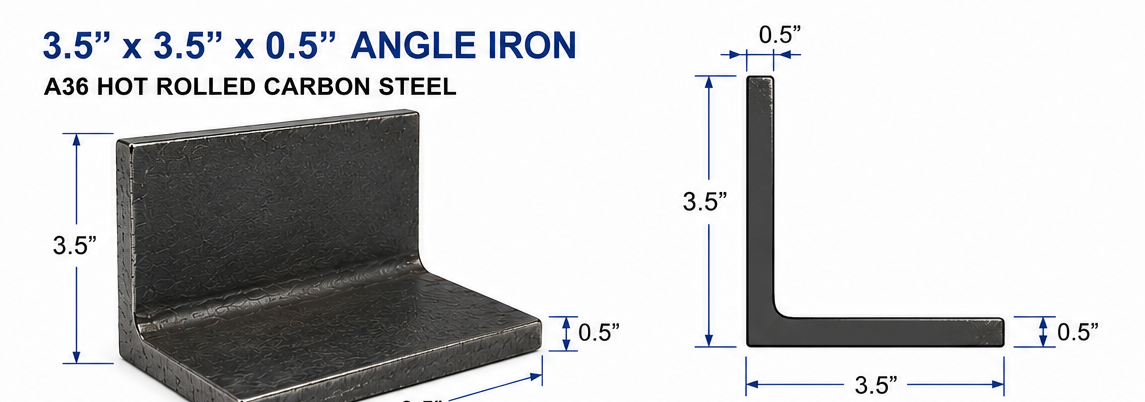 Technical specifications and views of A36 angle iron steel component.