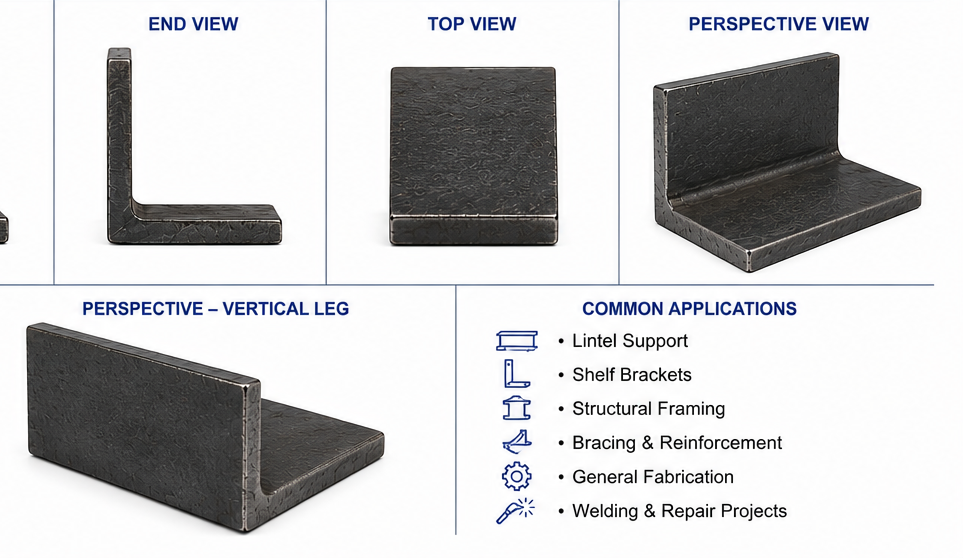 Technical specifications and views of A36 angle iron steel component.