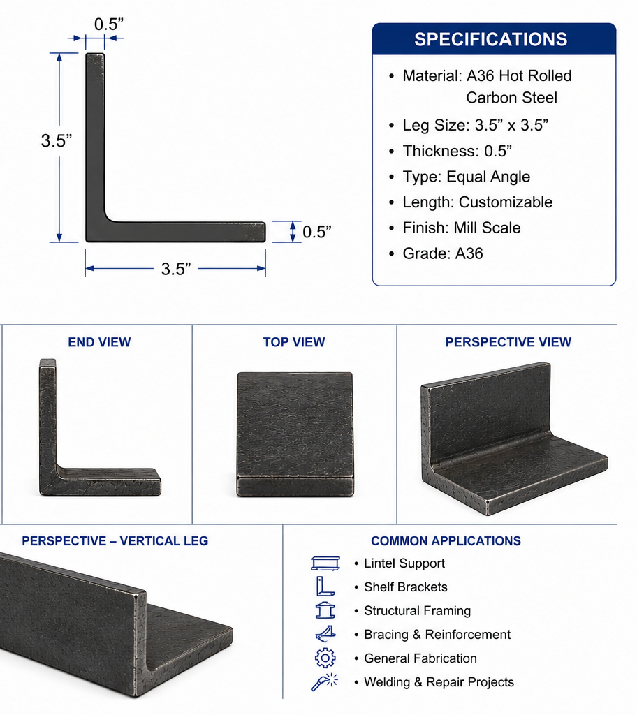 3.5” x 3.5” x 0.5” Steel Angle Iron A36 Hot Rolled Carbon Steel Lintel Bracket 3 1/2” x 3 1/2” x 1/2” Metal Angle Trim Brace