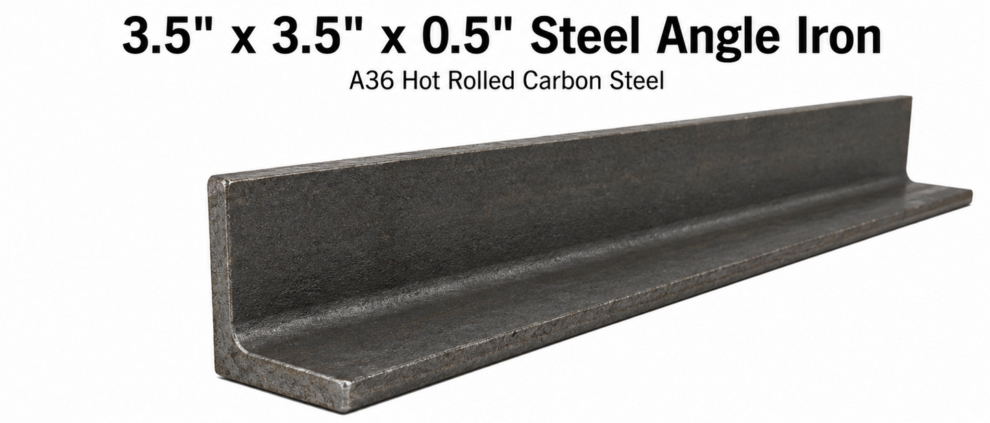 Steel angle iron with dimensions and material details on a white background