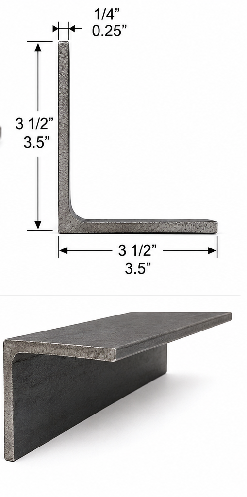Metal L-shaped bracket with dimensions on a white background
