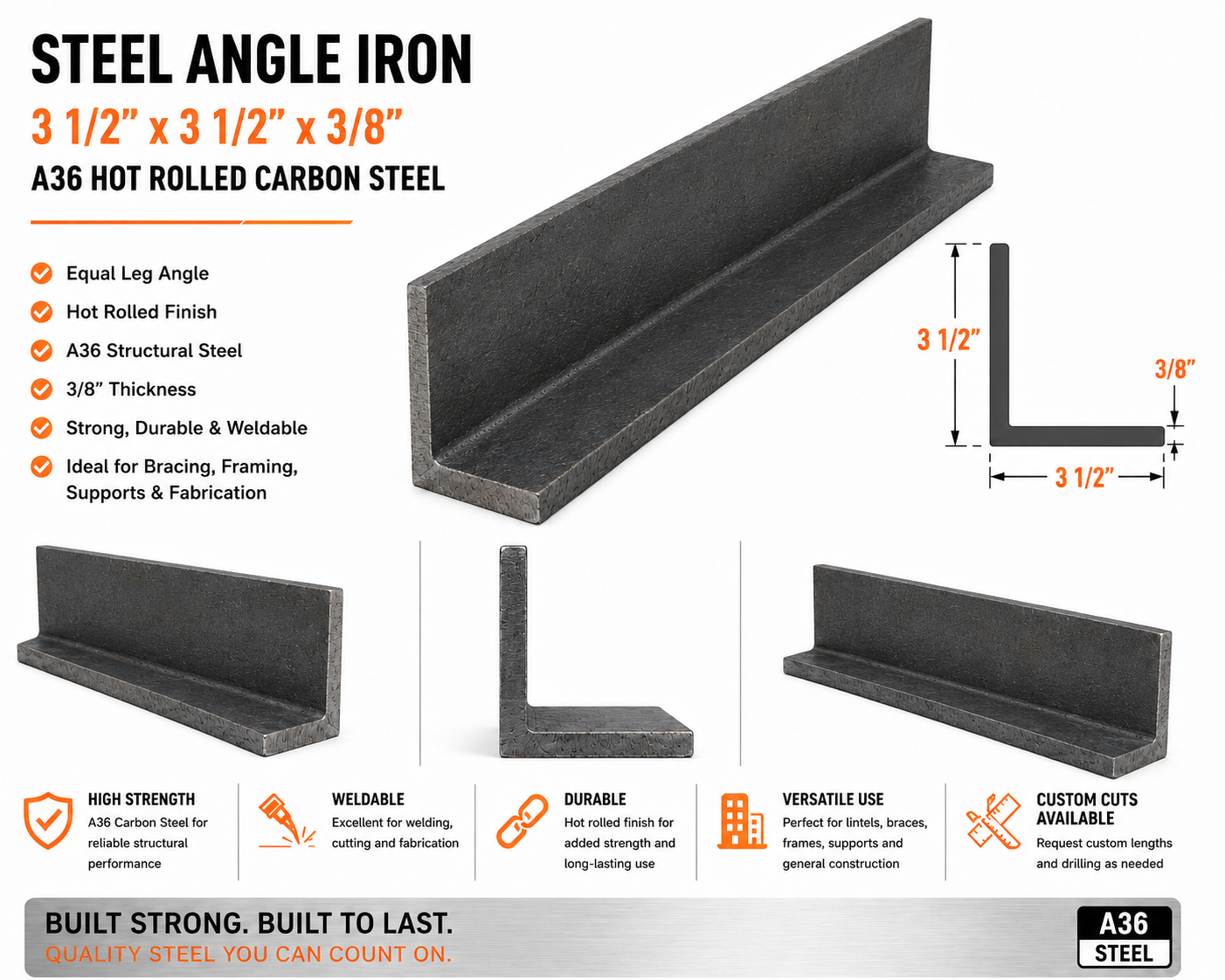 3 1/2” x 3 1/2” x 3/8” Steel Angle Iron A36 Hot Rolled Carbon Steel Trim Bracket 3.5” x 3.5” x 0.375” Lintel Brace