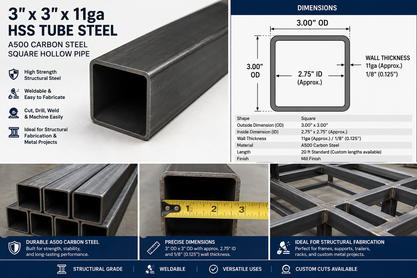 3" x 3" x 11ga HSS Tube Steel A500 Carbon Steel Square Hollow Pipe 1/8” Metal Tube 0.125” for Structural Fabrication