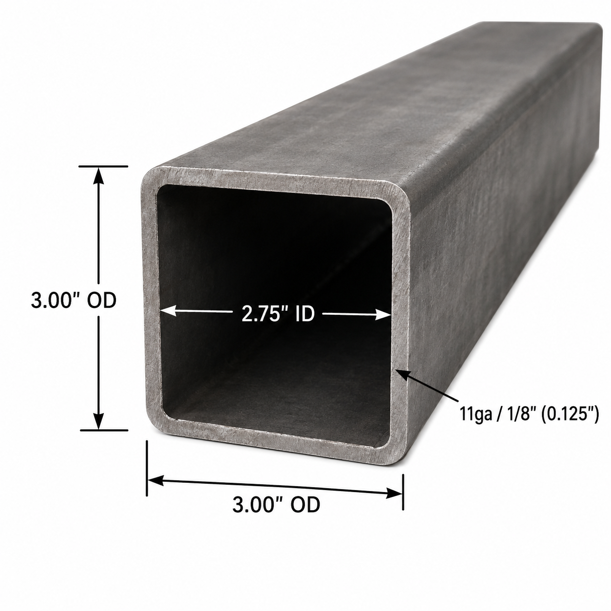 3" x 3" x 11ga HSS Tube Steel A500 Carbon Steel Square Hollow Pipe 1/8” Metal Tube 0.125” for Structural Fabrication