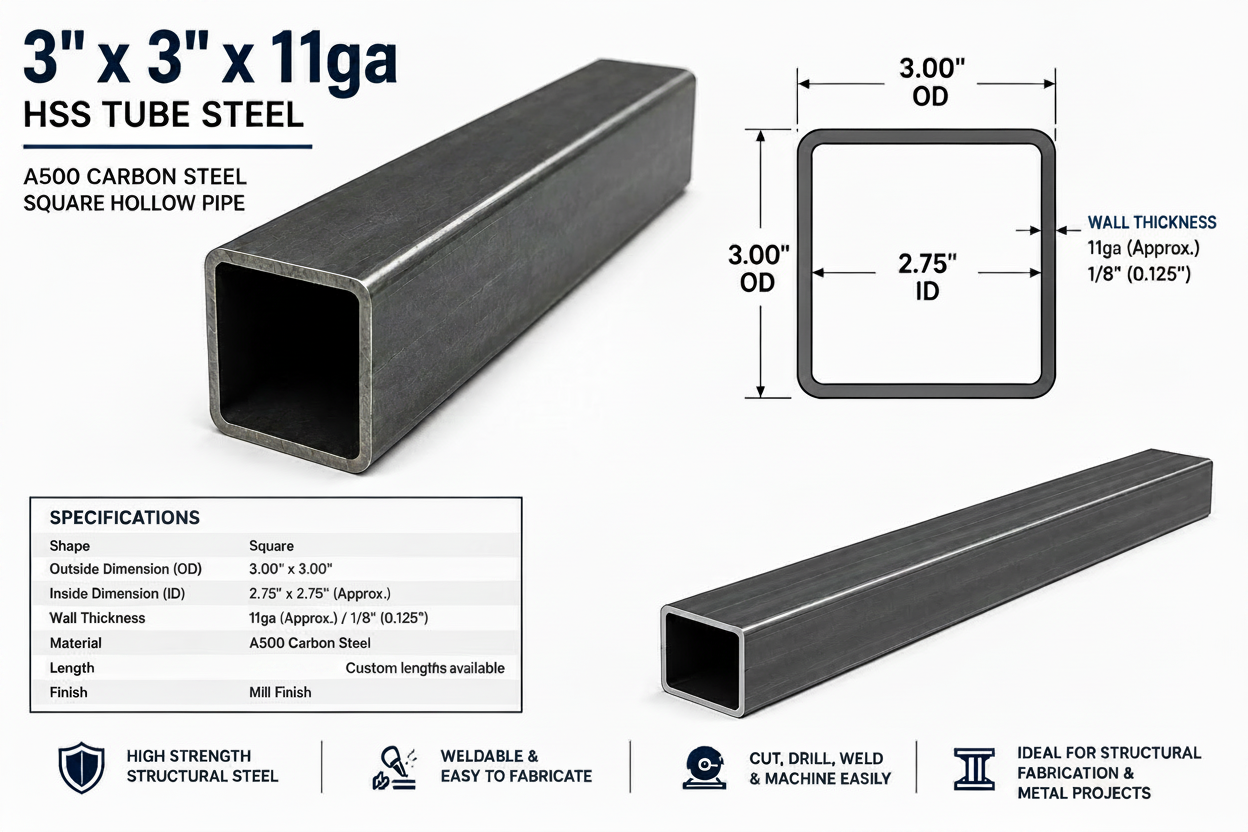 3" x 3" x 11ga HSS Tube Steel A500 Carbon Steel Square Hollow Pipe 1/8” Metal Tube 0.125” for Structural Fabrication