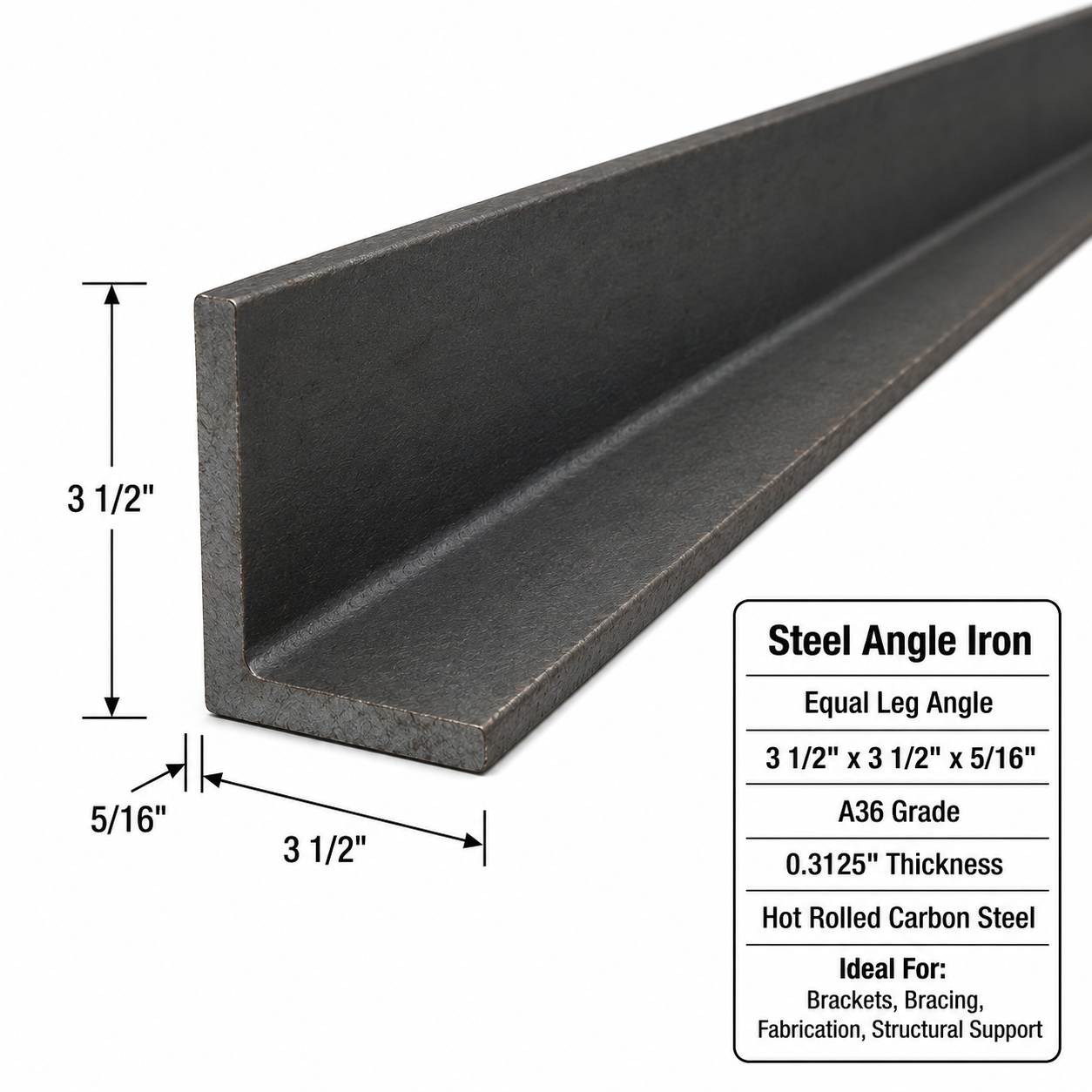 3 1/2” x 3 1/2” x 5/16” Steel Angle Iron A36 Hot Rolled Carbon Steel Trim Bracket 3.5” x 3.5” x 0.3125” Metal Lintel Brace