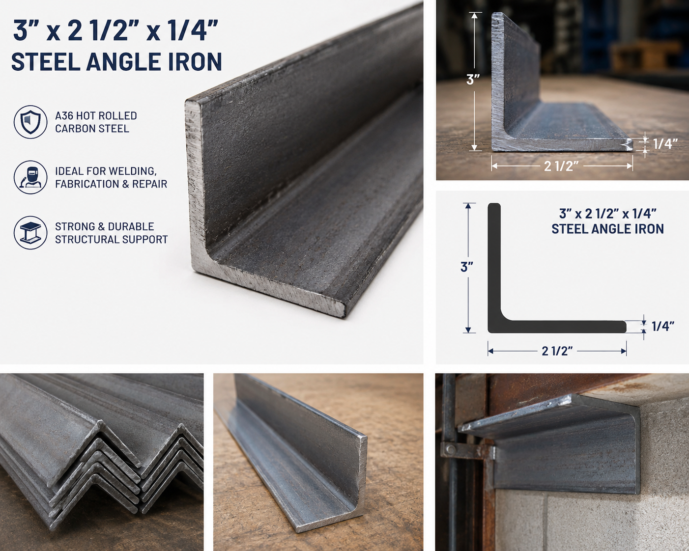 3” x 2 1/2” x 1/4” Steel Angle Iron A36 Hot Rolled Carbon Steel Unequal Angle Bracket 3” x 2.5” x 0.25” Metal Lintel Trim Brace