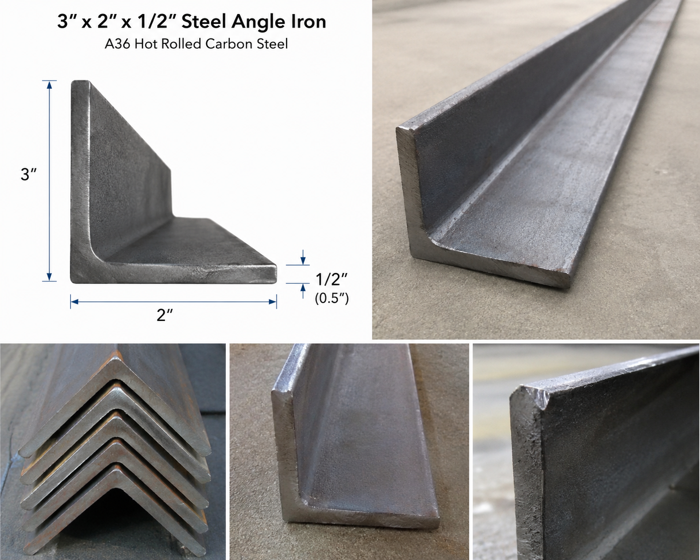 3” x 2” x 1/2” Steel Angle Iron A36 Hot Rolled Carbon Steel Metal Bracket Trim Brace 0.5” Lintel