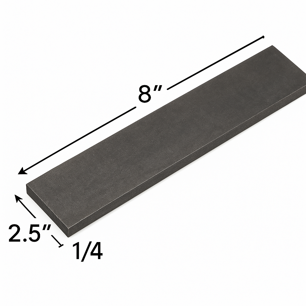 2 1/2” x 8” steel plate that is 1/4 inch thick. A36 grade hot rolled carbon, steel plate, base plate, shim plate, welding practice coupon.
