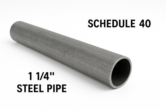 Section of 1 1/4” Steel Schedule 40 pipe.  A500 carbon steel pipe at an angle showing wall thickness. 1.25” pipe