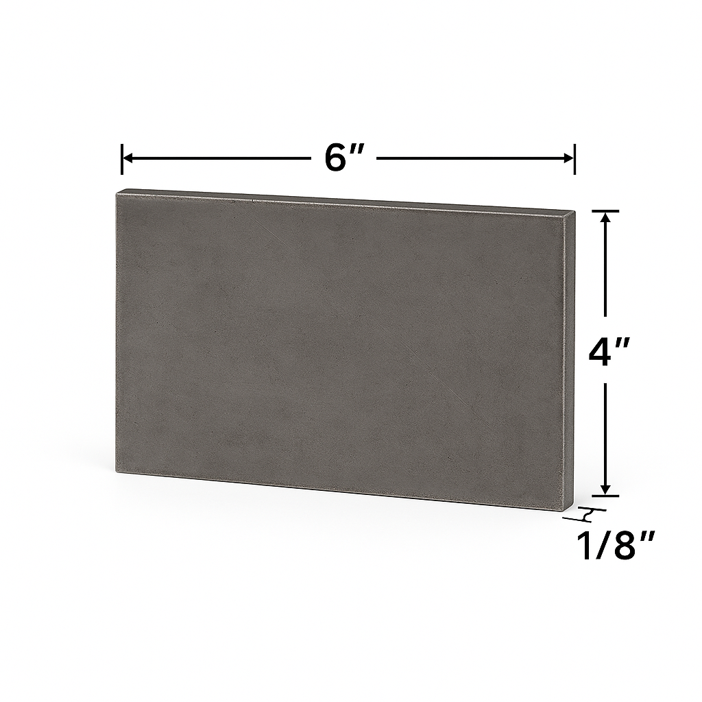Flat steel rectangle plate with 6” x 4” x 1/8” dimensions displayed. A36 hot rolled carbon steel shim plate. Welding practice coupon