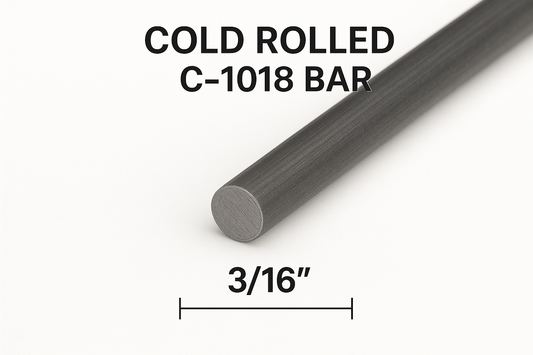 Image of a single round cold rolled steel bar. Round rod with the 3/16” diameter shown and labeled with the words cold rolled carbon steel-1018 bar
