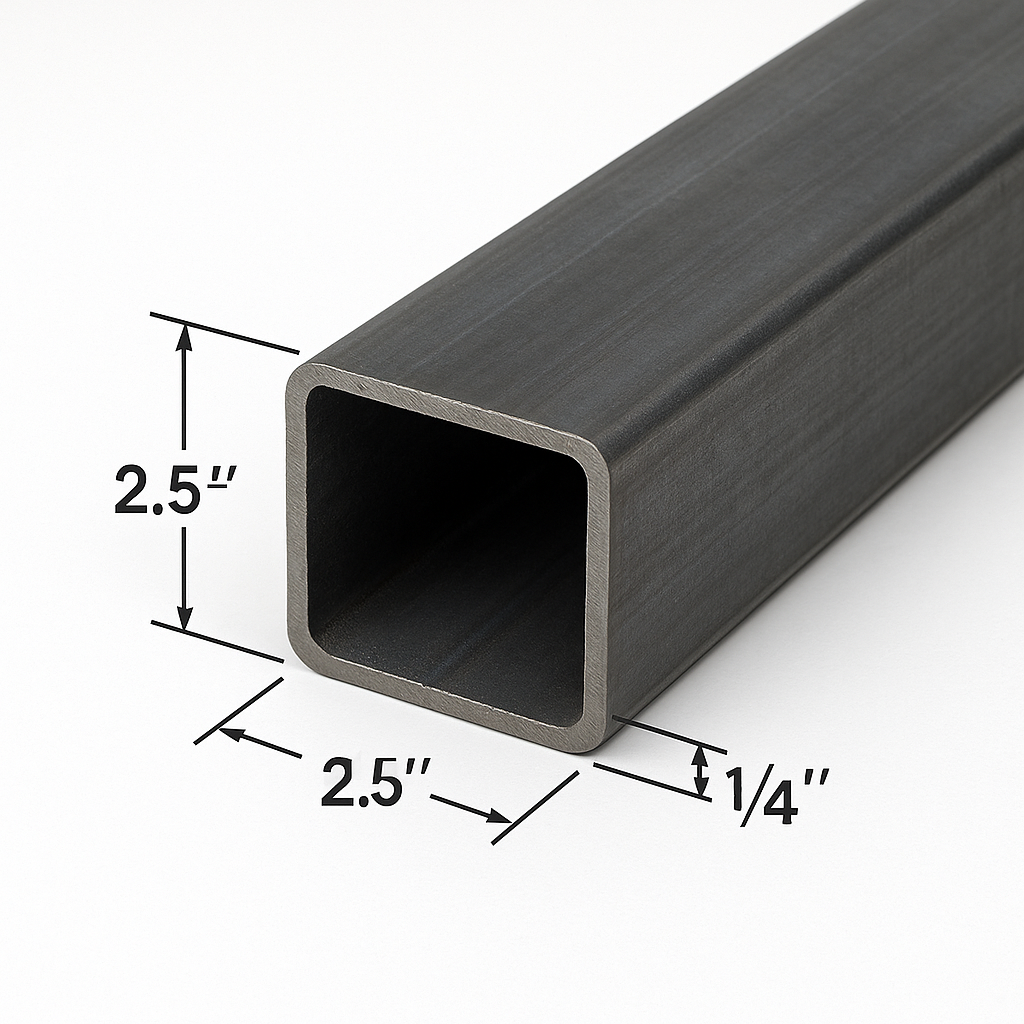 Square steel tube with the dimensions labeled as 2.5” x 2.5” x 1/4” A500 Hot Rolled Carbon Steel Hollow Square Pipe
