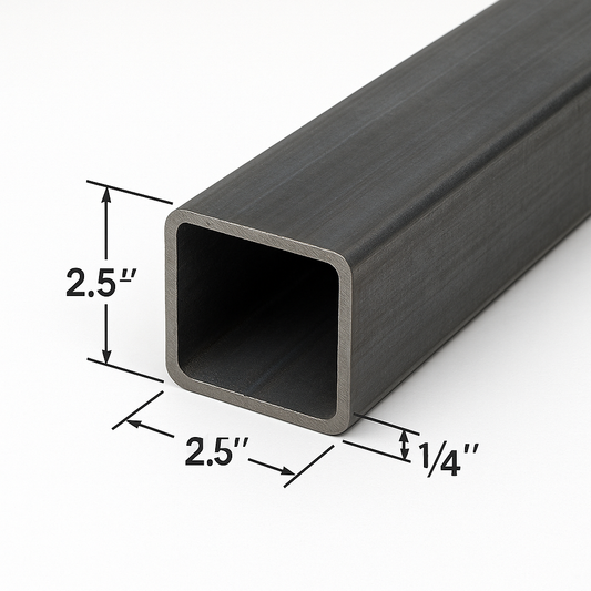 Square steel tube with the dimensions labeled as 2.5” x 2.5” x 1/4” A500 Hot Rolled Carbon Steel Hollow Square Pipe