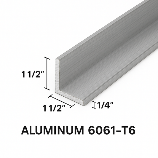 Aluminum angle that is labeled as 1 1/2” by 1 1/2” by 1/4” thick and stating Aluminum 6061-T6. Aluminum bracket brace
