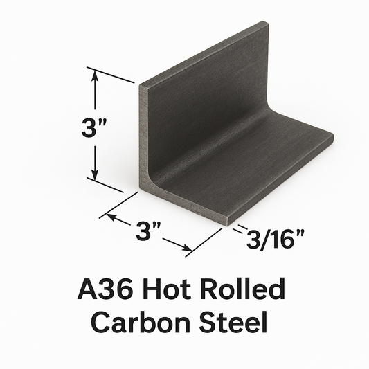 Steel angle with the dimensions labeled as 3 inch by 3 inch by 3/16 inch thick. A36 hot rolled carbon steel angle 