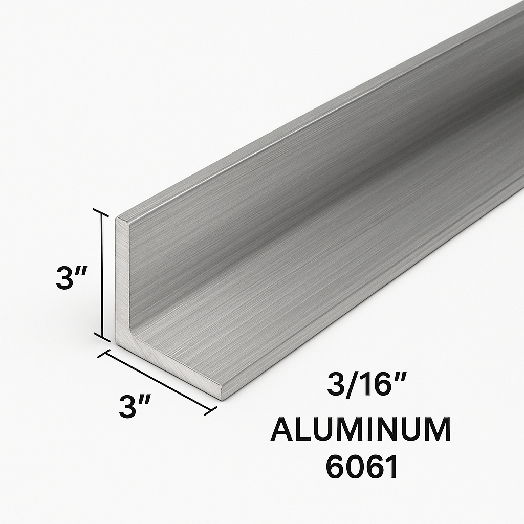 3” x 3” x 3/16 of an inch aluminum angle grade 6061 on a white background