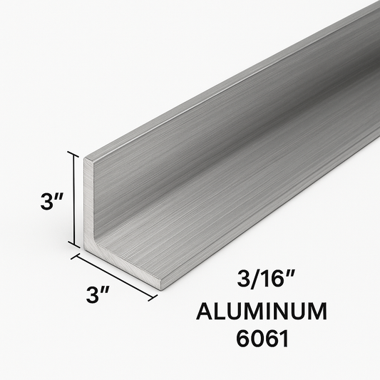 3” x 3” x 3/16 of an inch aluminum angle grade 6061 on a white background