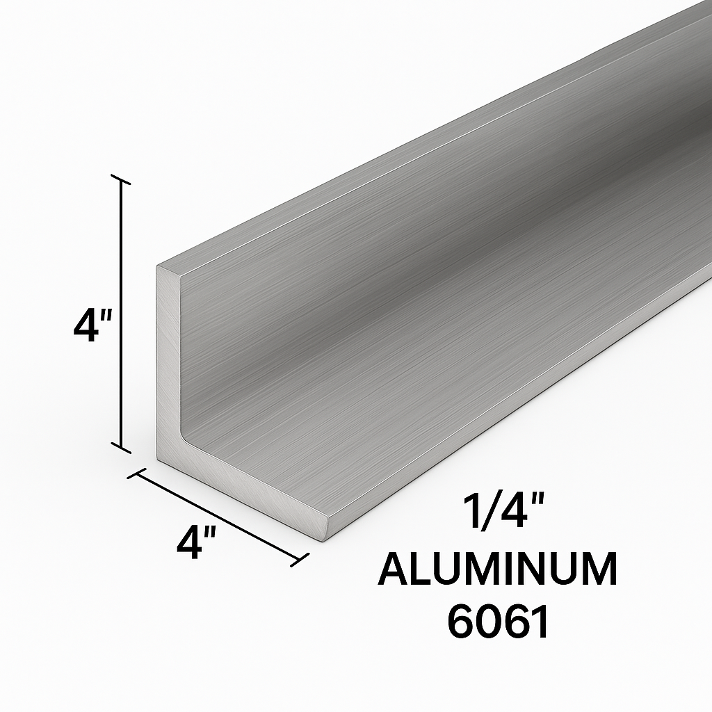 4“ x 4“ x 1/4” aluminum angle grade 6061 measured on a white background with the dimensions clearly shown
Four inch by four inch by one quarter inch aluminum angle 