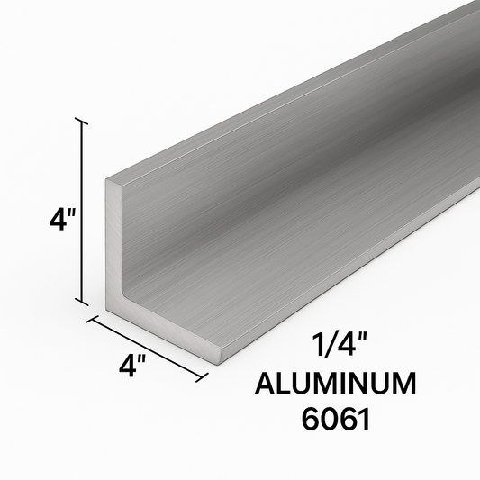 4“ x 4“ x 1/4” aluminum angle grade 6061 measured on a white background with the dimensions clearly shown
Four inch by four inch by one quarter inch aluminum angle 