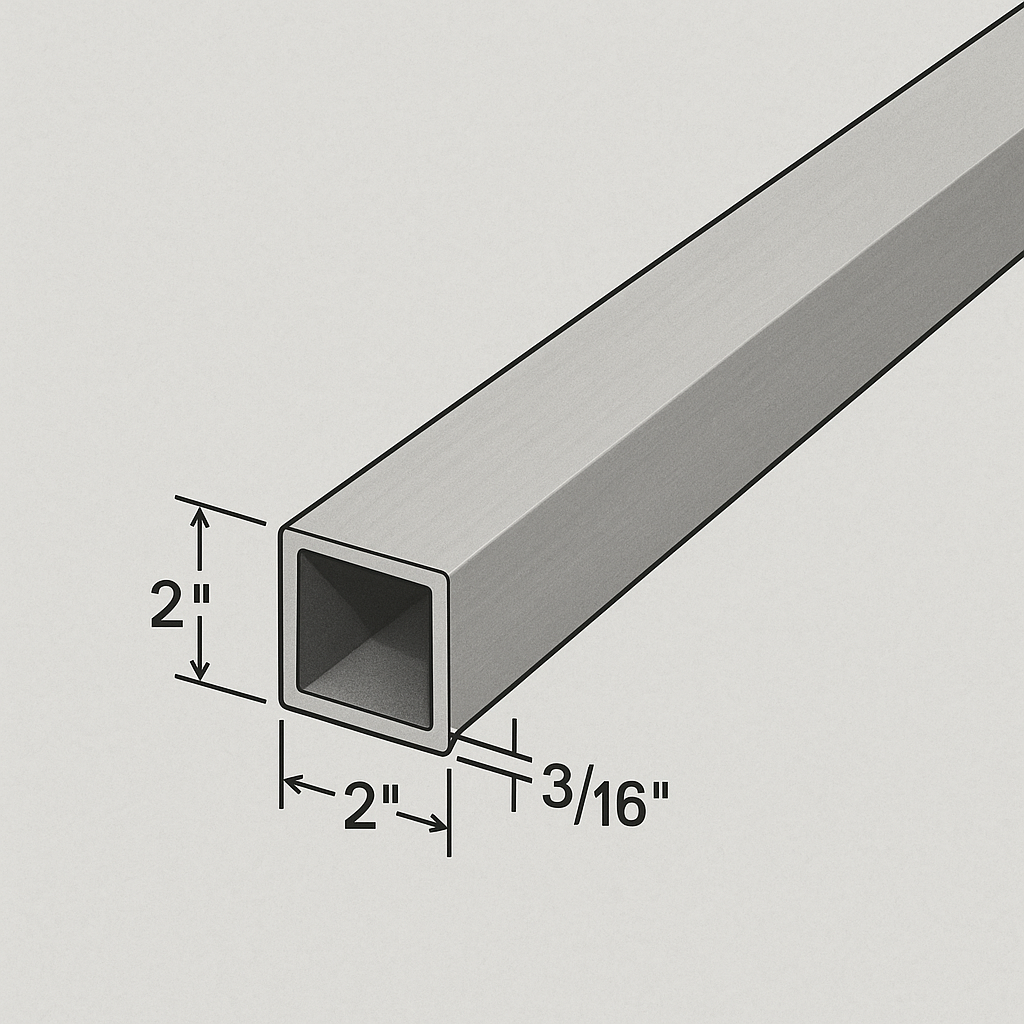 Illustration of square aluminum tube that is 2” x 2” x 3/16”