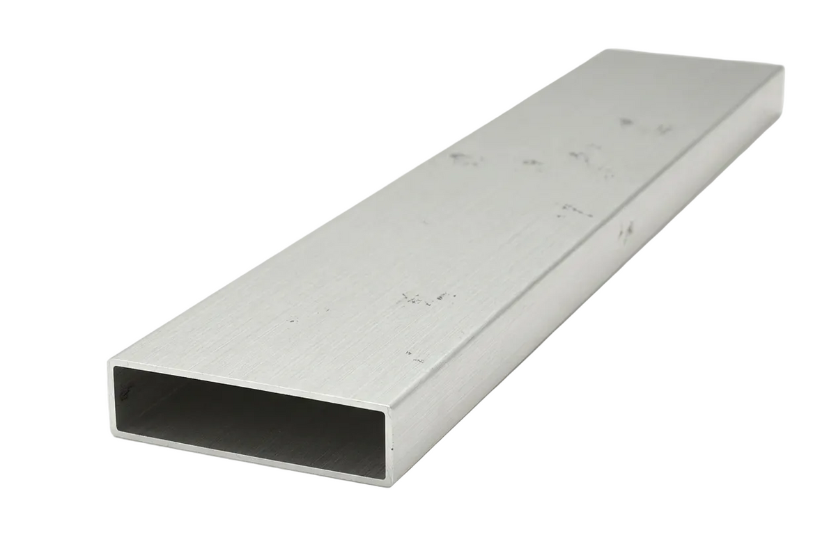 A long, rectangular aluminum tube with a square cross-section, showing a brushed silver metal finish and pre-drilled holes along the top surface, isolated on a white background.