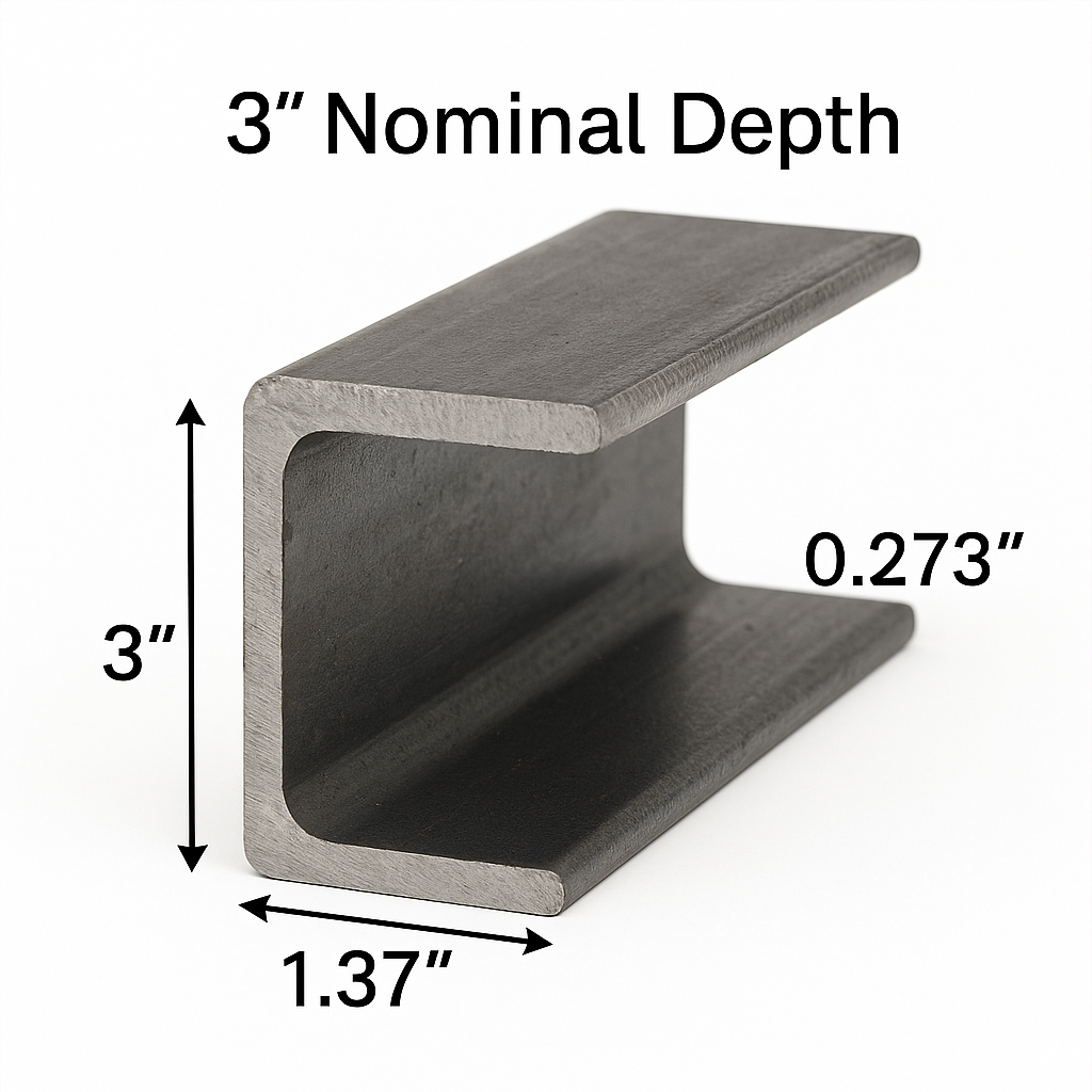 C3×3.5 Steel Channel – A36 Hot Rolled Carbon Steel C-Bar – Structural Metal C-Channel 3" Depth – 3.5 lb per ft