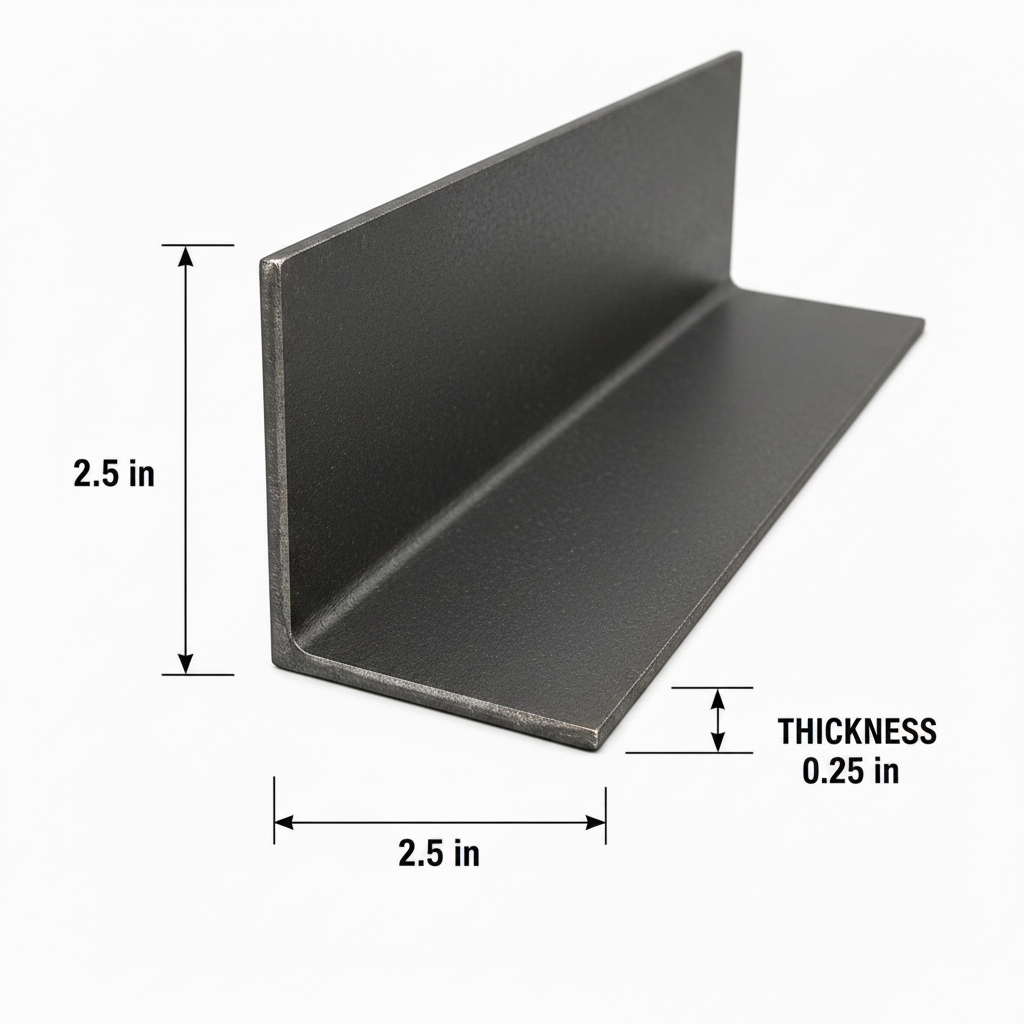 Metal L-shaped bracket with dimensions on a white background