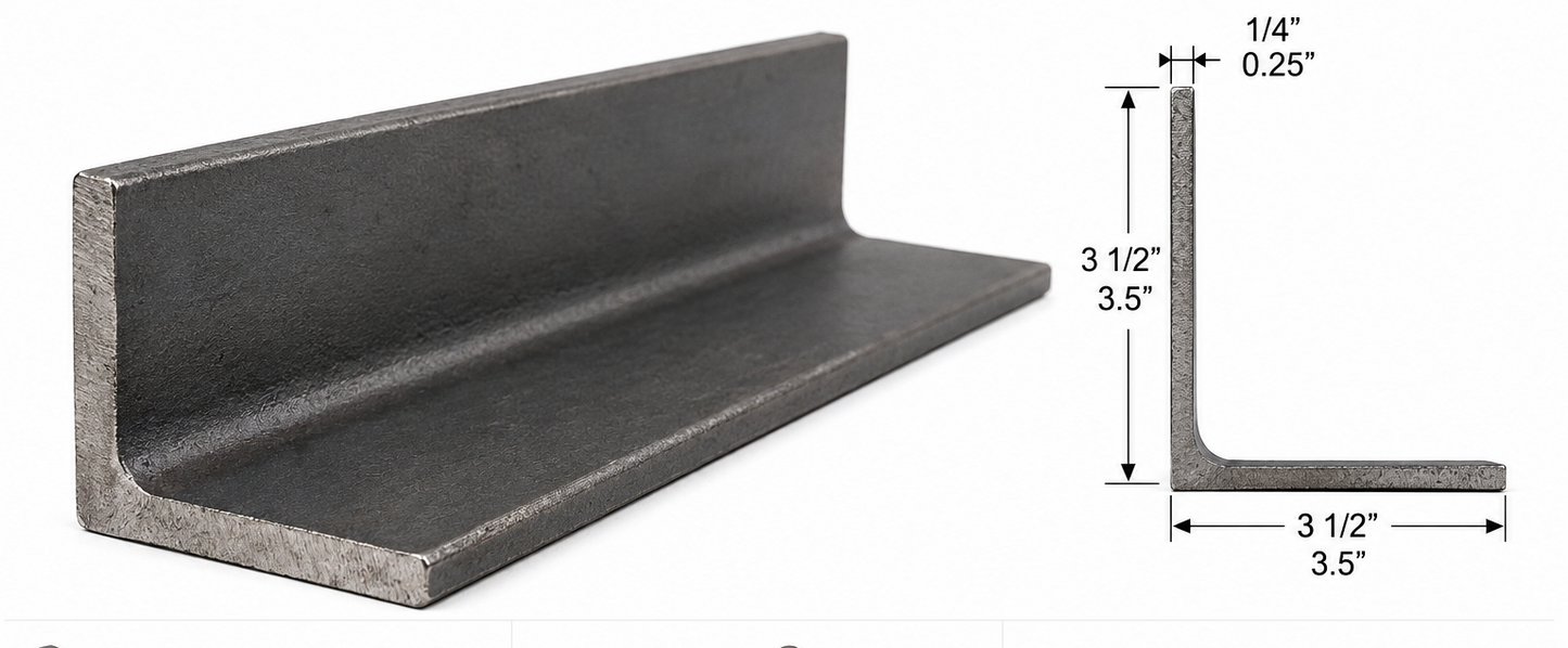Metal L-shaped bracket with dimensions on a white background