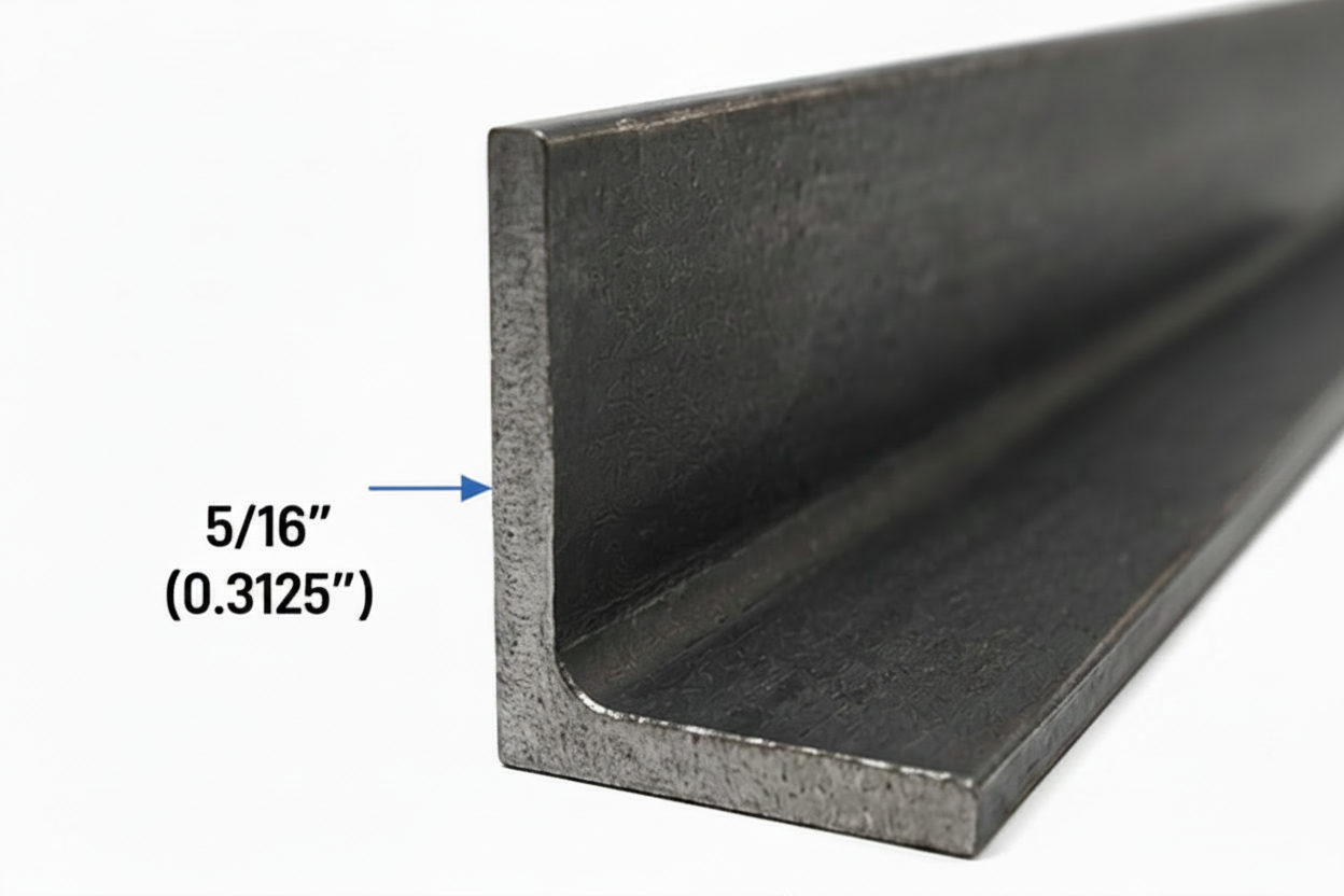 Metal angle bar with a measurement 5/16” label on a white background