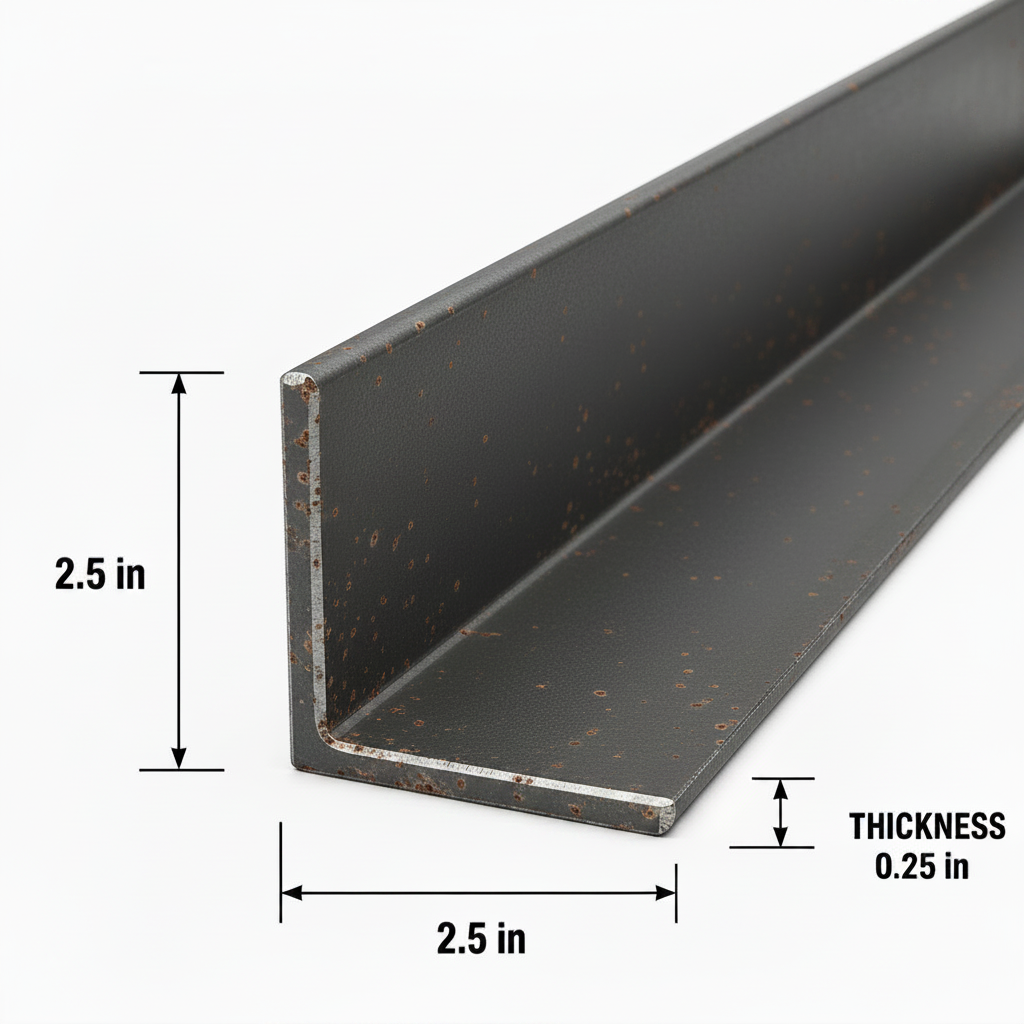 Metal angle bar with dimensions labeled on a white background