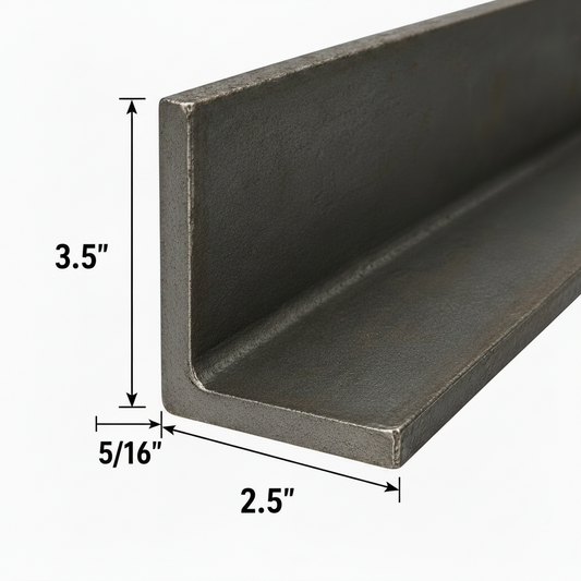Metal angle bar with dimensions labeled on a white background