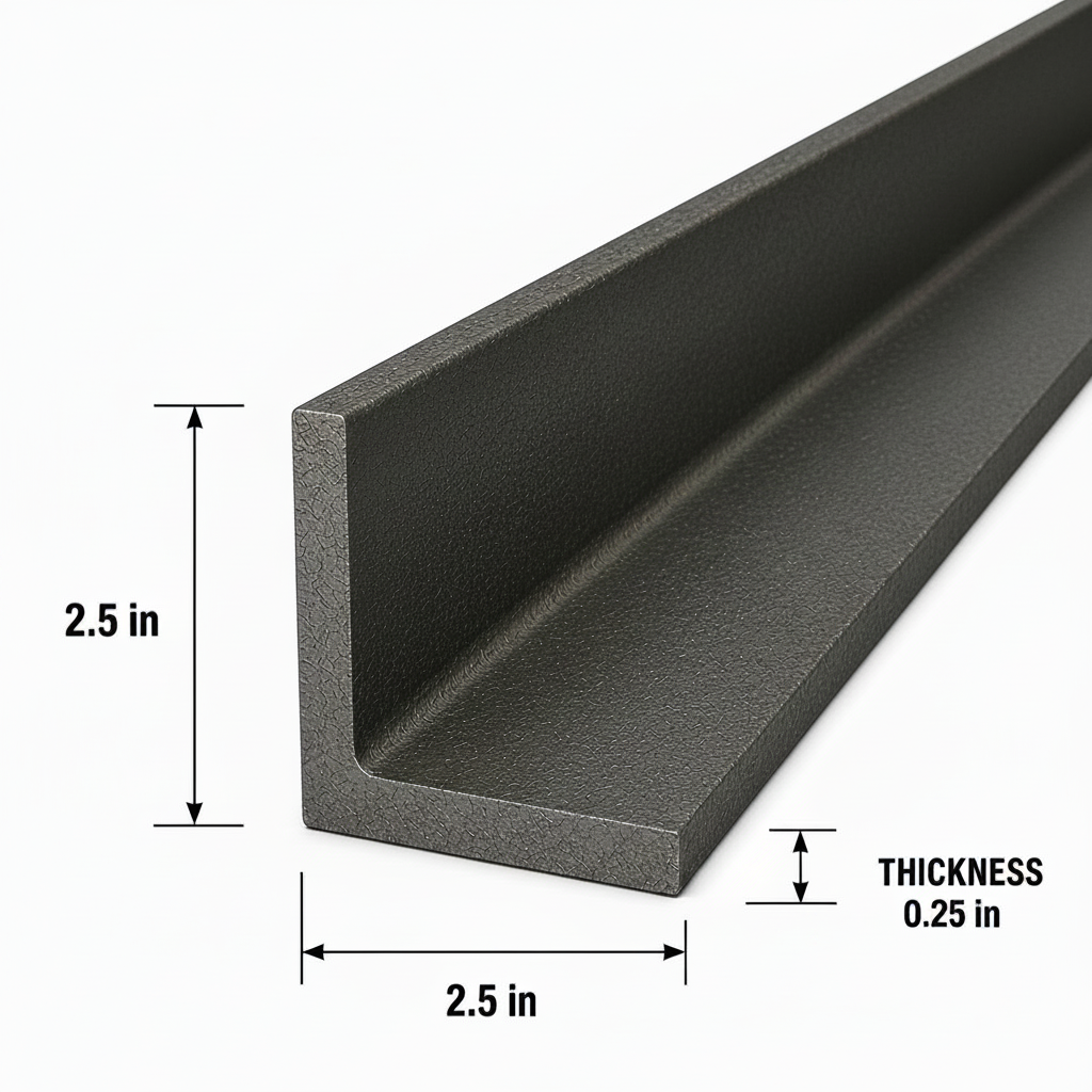Metal angle bar with dimensions labeled on a white background