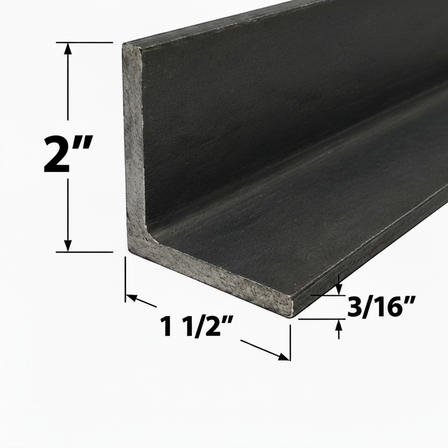 Metal angle bar with dimensions labeled on a white background