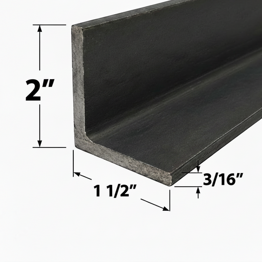 Metal angle bar with dimensions labeled on a white background