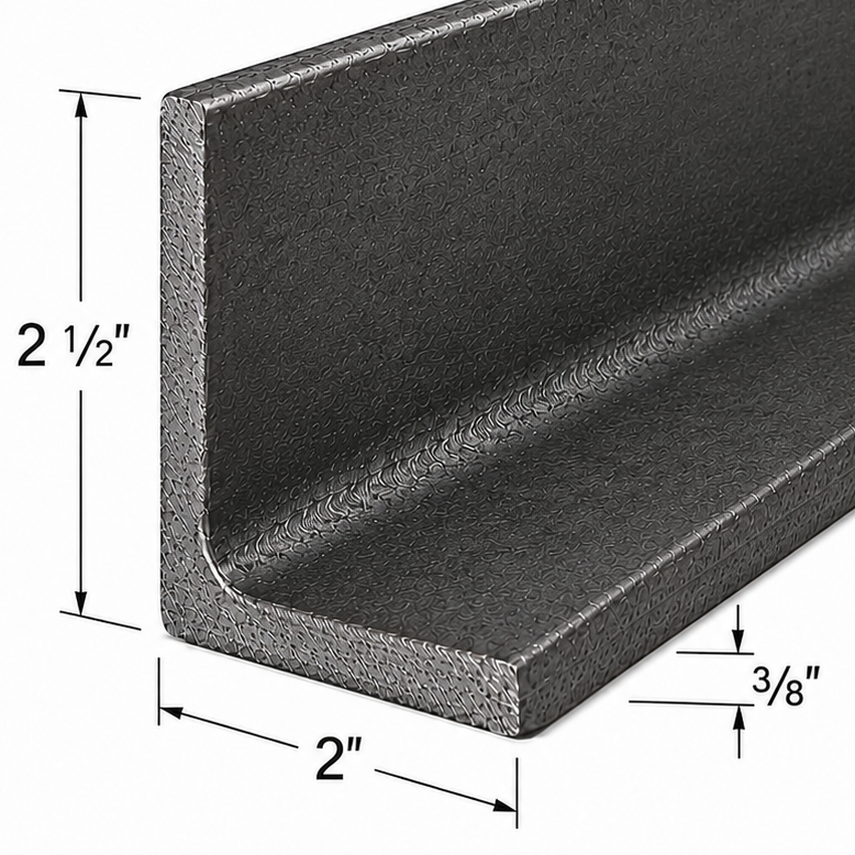 Metal angle bar with dimensions labeled on a white background