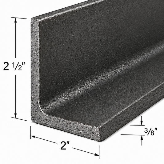 Metal angle bar with dimensions labeled on a white background