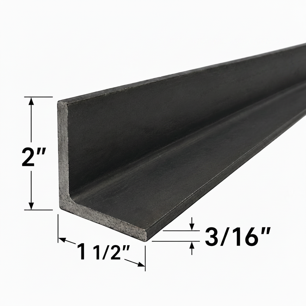 Metal angle bar with dimensions labeled on a white background