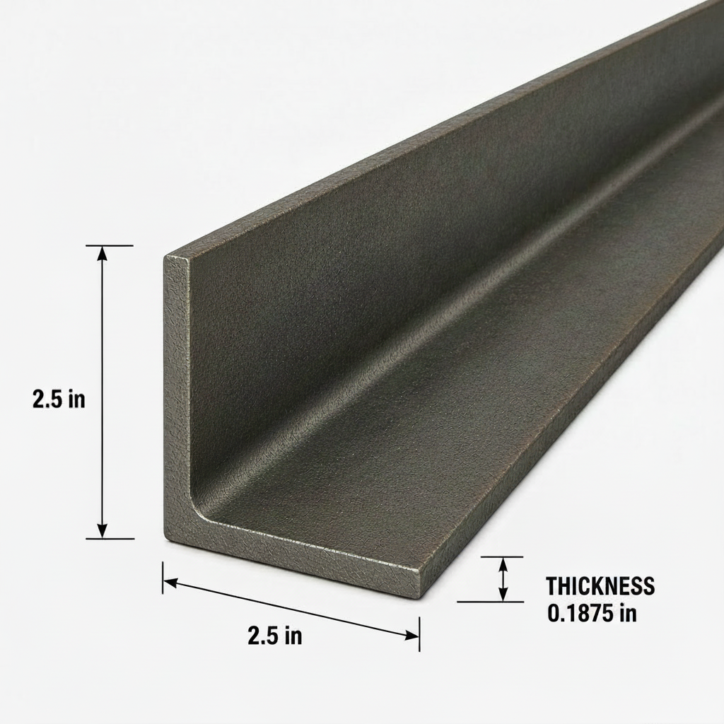 Metal angle bar with dimensions on a white background