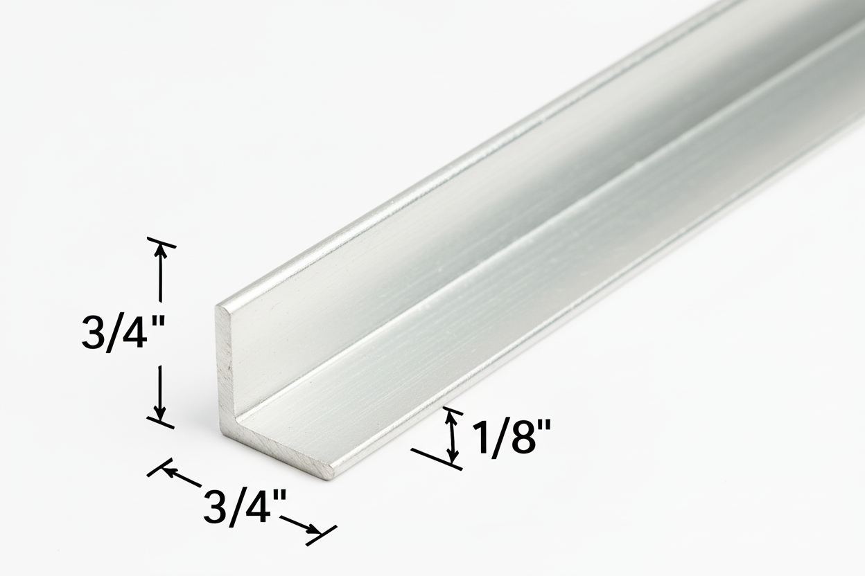 Metal angle bar with the dimensions labeled on a white background