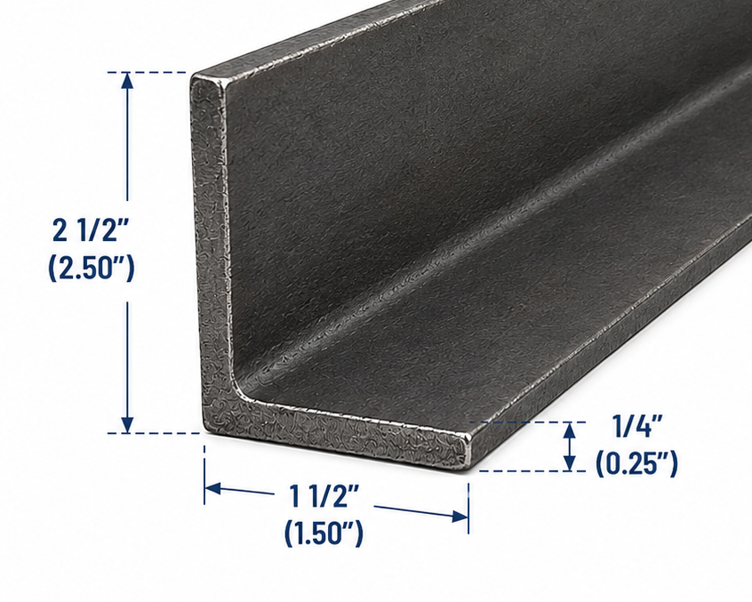 Metal angle iron with dimensions labeled on a white background