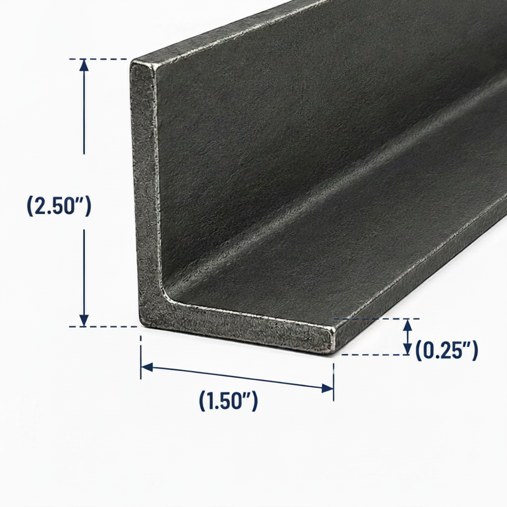 Metal angle iron with dimensions labeled on a white background 2.5” by 1.5” by 0.25” thick