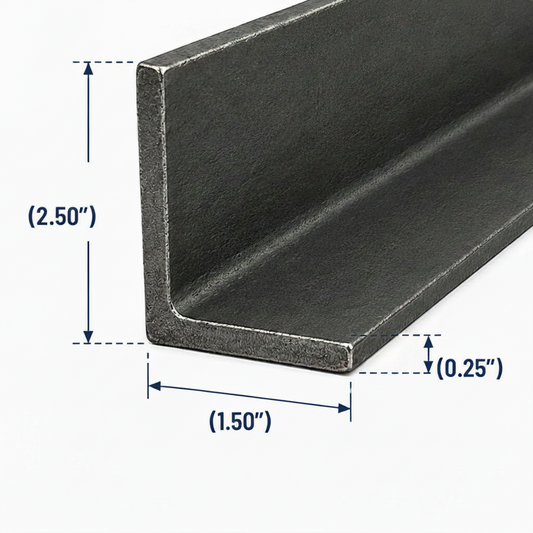 Metal angle iron with dimensions labeled on a white background 2.5” by 1.5” by 0.25” thick
